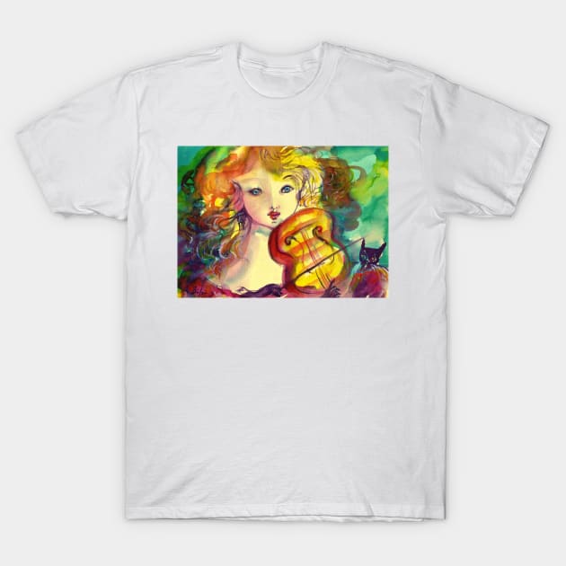 VIOLINIST GIRL ,VIOLIN AND CAT T-Shirt by BulganLumini